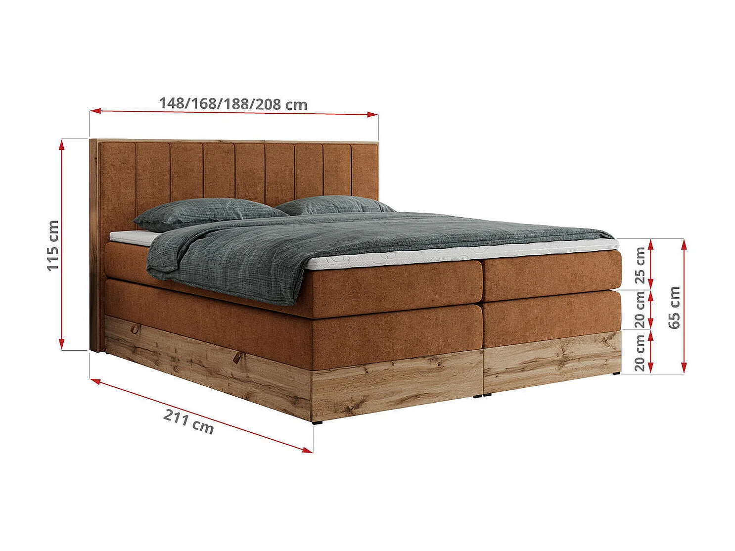 Boxspringbett BELLISSIMO KING - für Schlafzimmer, zwei Multipocket-Matratzen, Set mit Kopfteil und Topper, Holzrahmen - 140x200 cm - H3 - Orange Strukture