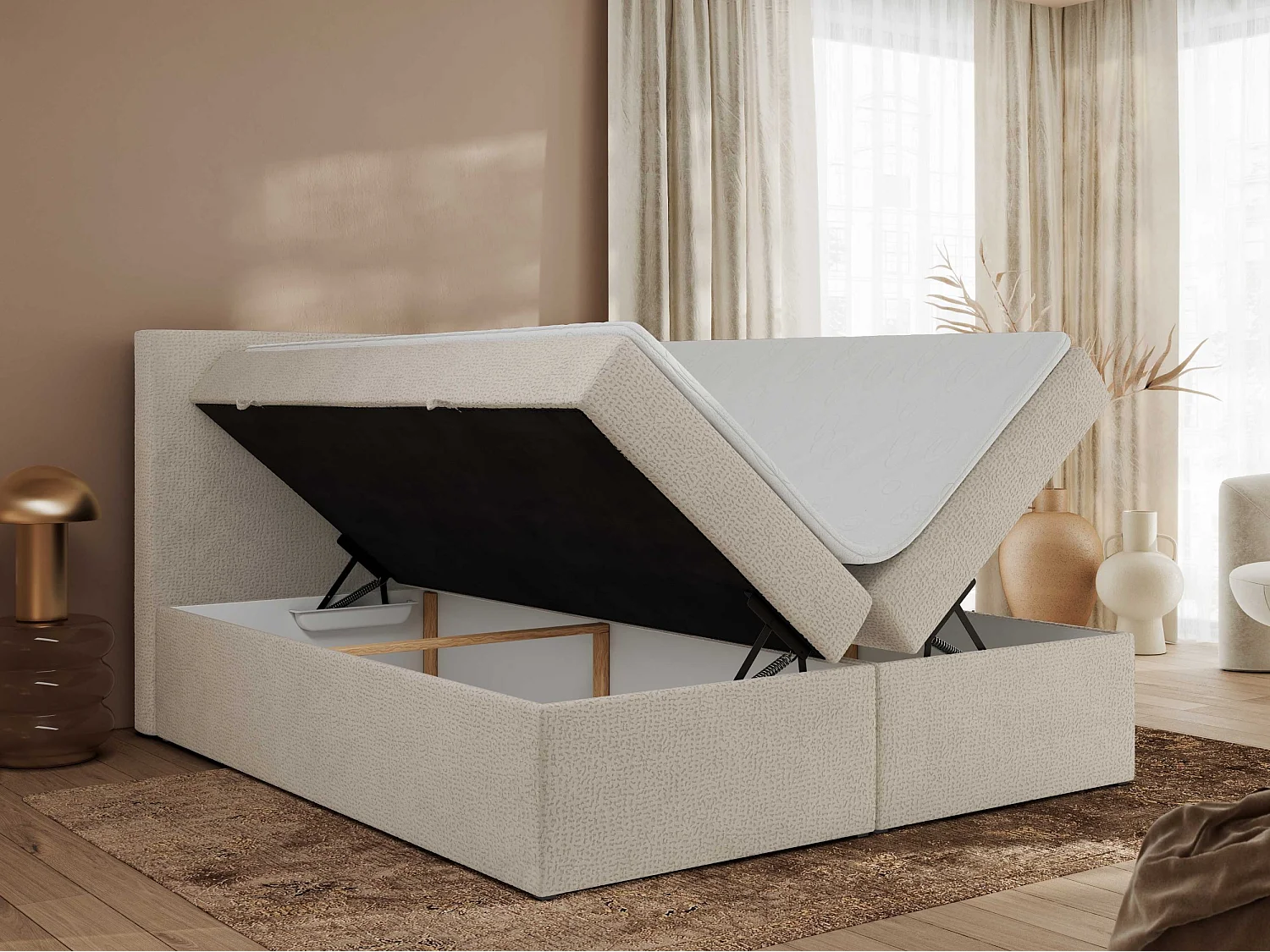 Boxspringbett JAGUAR - Doppelbett mit Multipocket-Matratze und Topper, Struktur dekostoff, zwei Bettkästen - 140x200 cm - H3 - Beige Struktur