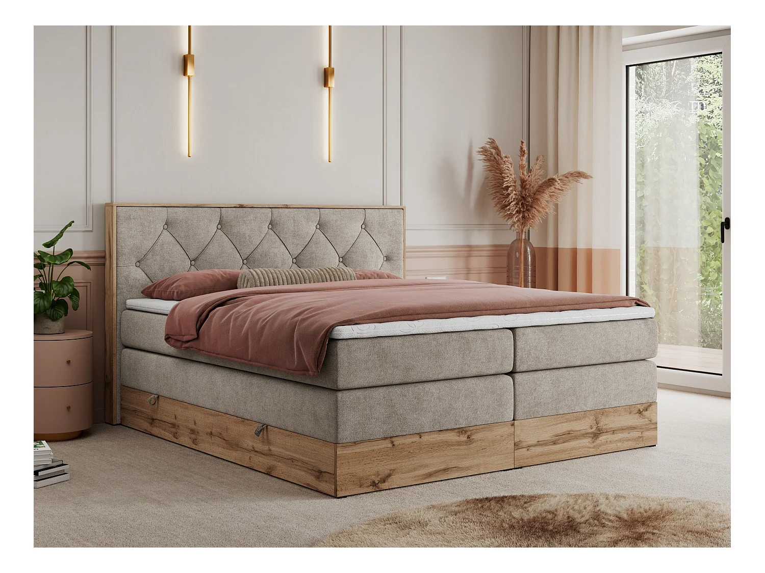 Boxspringbett VENETO KING - Polsterbett mit Multipocket-Matratzen und Kopfteil, Holzrahmen, zwei Bettkästen - 160x200 cm - H3 - Beige Strukture