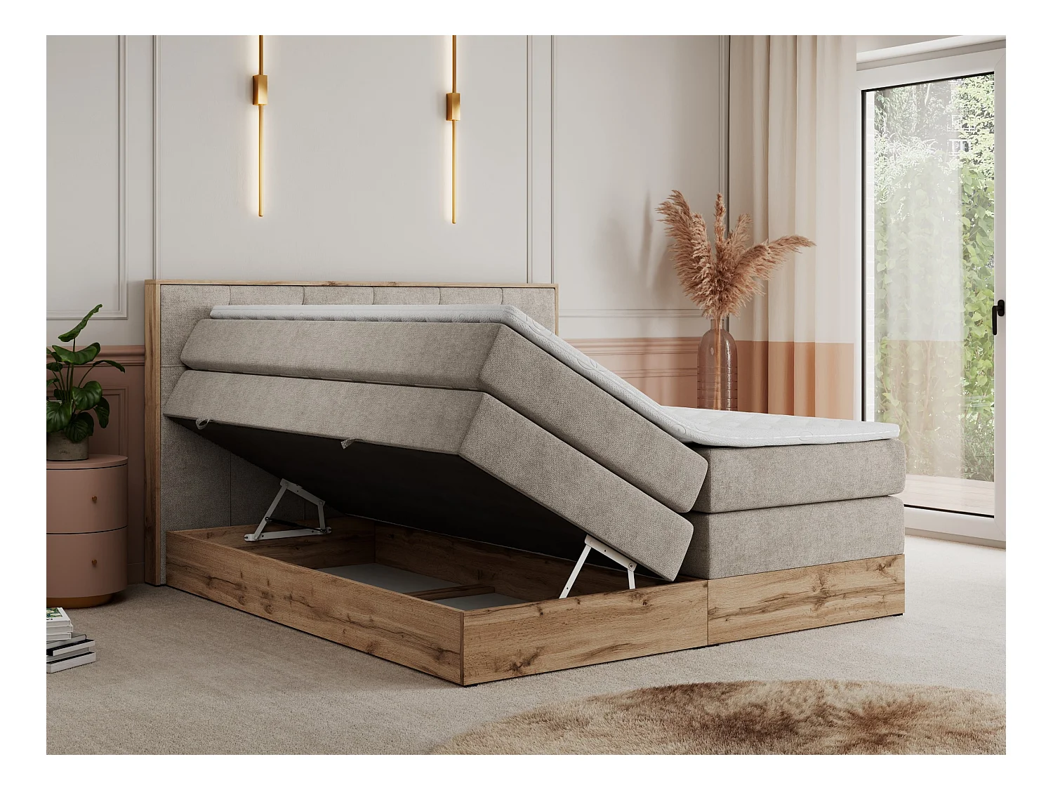 Boxspringbett VENETO KING - Polsterbett mit Multipocket-Matratzen und Kopfteil, Holzrahmen, zwei Bettkästen - 160x200 cm - H3 - Beige Strukture
