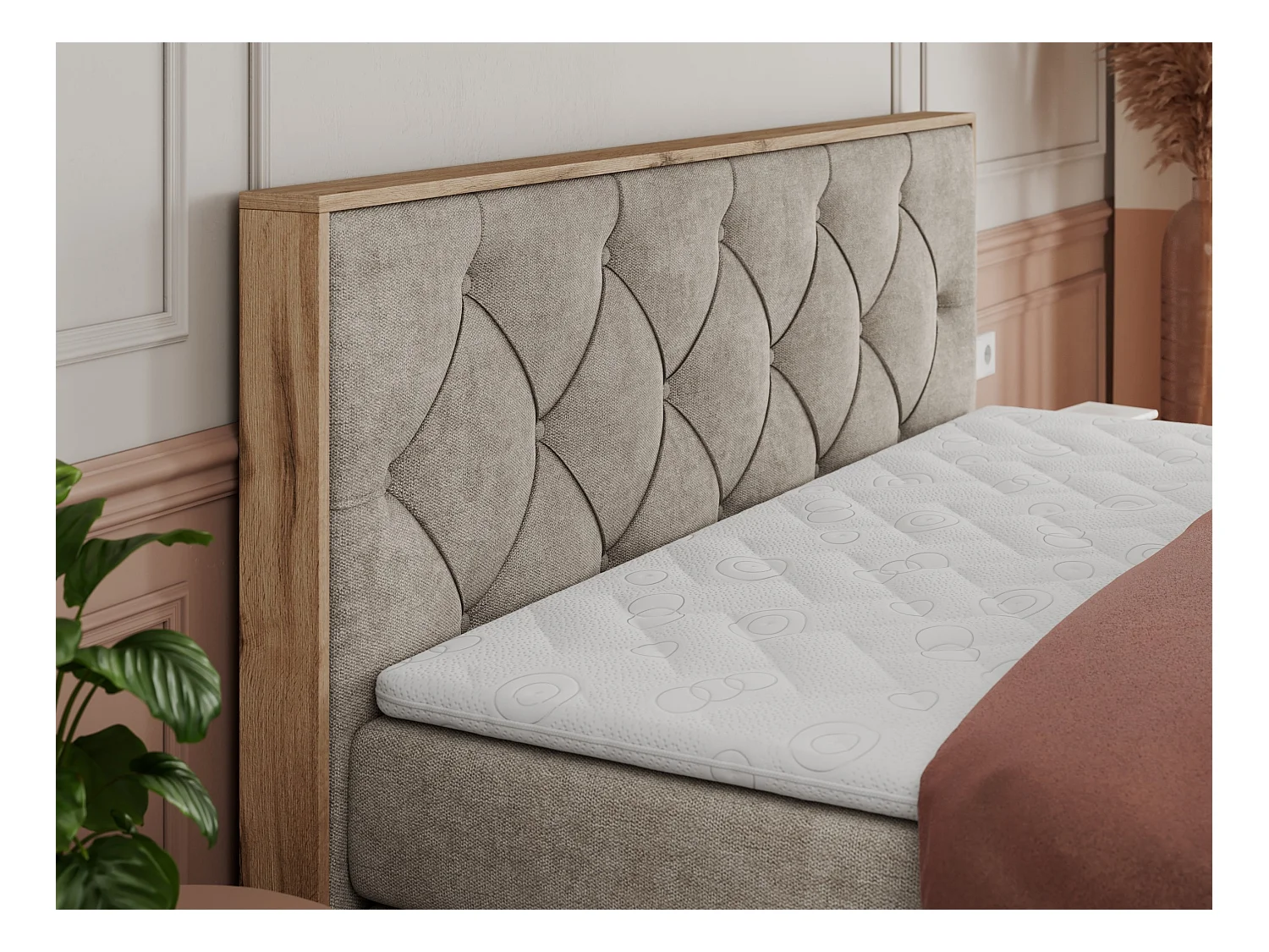 Boxspringbett VENETO KING - Polsterbett mit Multipocket-Matratzen und Kopfteil, Holzrahmen, zwei Bettkästen - 160x200 cm - H3 - Beige Strukture