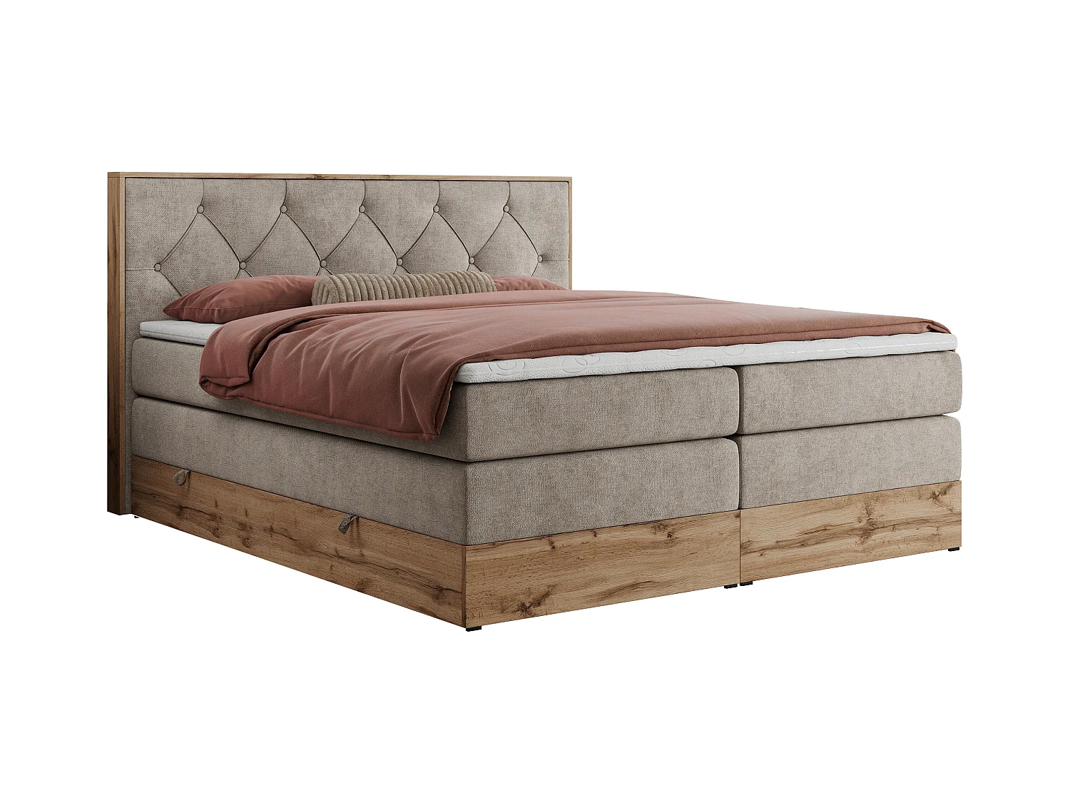 Boxspringbett VENETO KING - Polsterbett mit Multipocket-Matratzen und Kopfteil, Holzrahmen, zwei Bettkästen - 160x200 cm - H3 - Beige Strukture