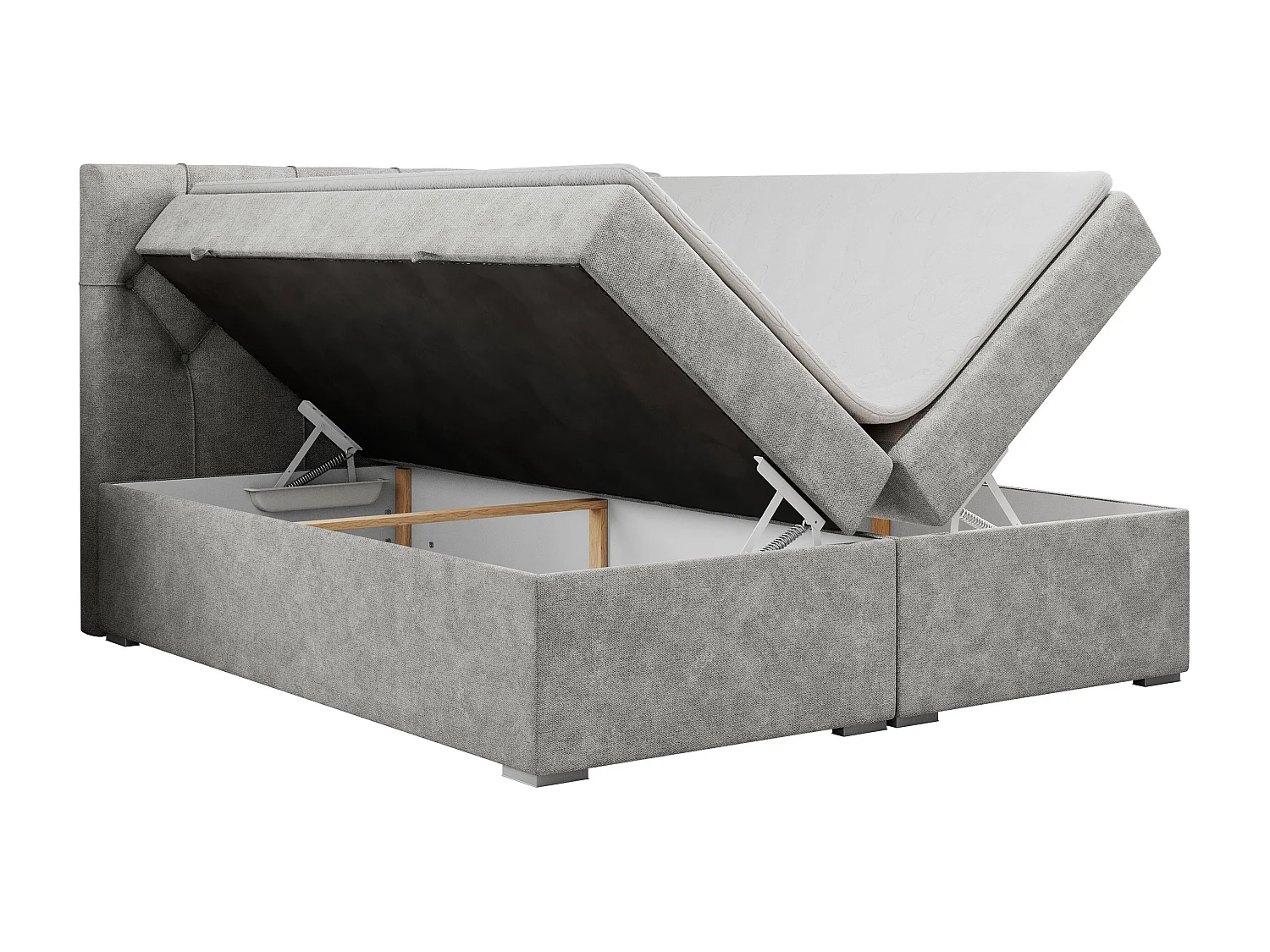 Boxspringbett ALDA - Doppelbett mit gestepptem Kopfteil, Multipocket-Matratze und Topper, zwei Bettkästen - 160x200 cm - H4 - Hellgrau Strukture
