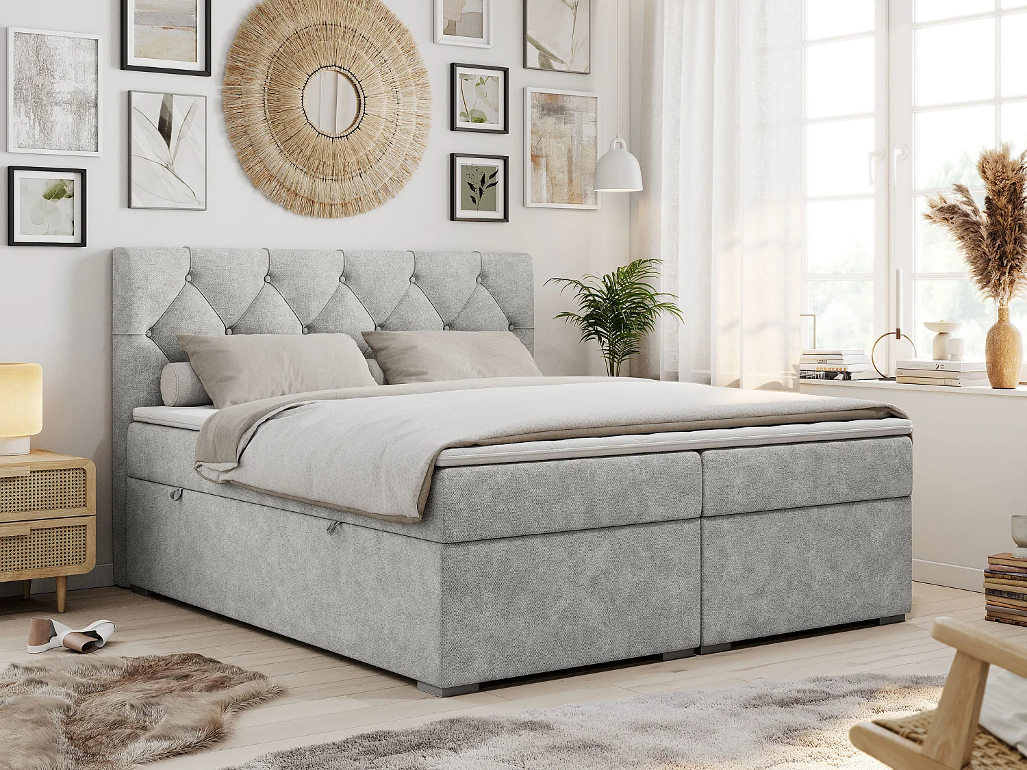 Boxspringbett ALDA - Doppelbett mit gestepptem Kopfteil, Multipocket-Matratze und Topper, zwei Bettkästen - 160x200 cm - H4 - Hellgrau Strukture