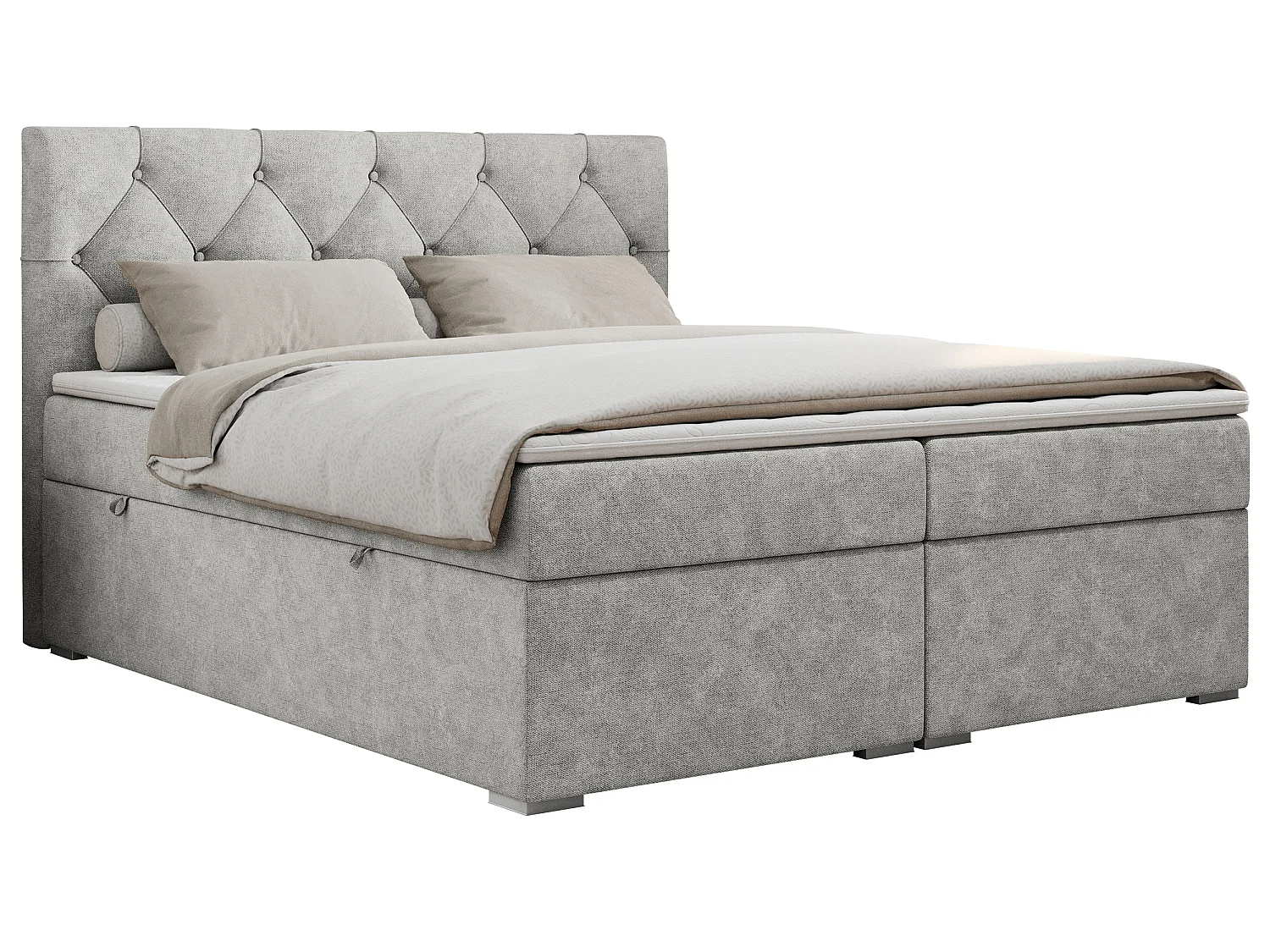 Lit boxspring avec 2 coffres - 2 matelas fermes + surmatelas mousse - Gris clair Tissu texturé - 160x200 - ROMA