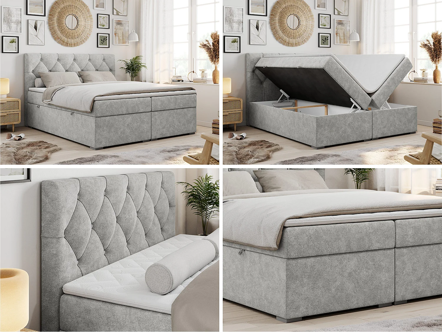Lit boxspring avec 2 coffres - 2 matelas fermes + surmatelas mousse - Gris clair Tissu texturé - 160x200 - ROMA