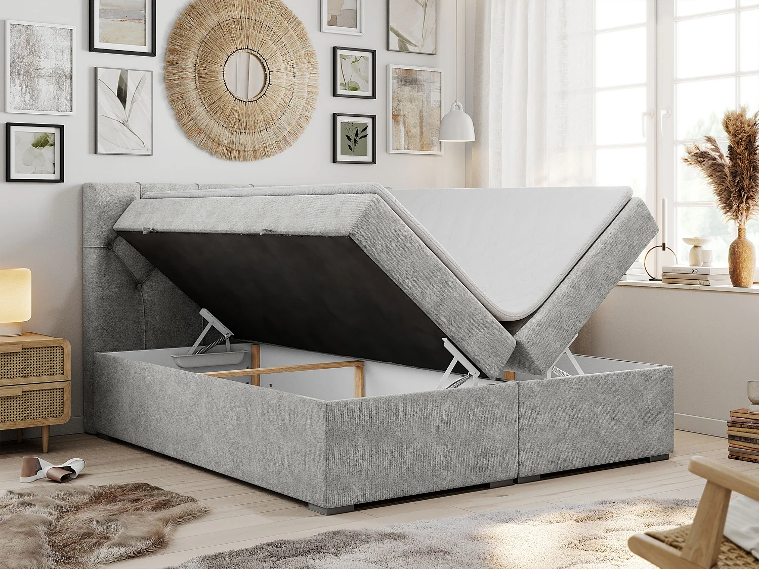Lit boxspring avec 2 coffres - 2 matelas fermes + surmatelas mousse - Gris clair Tissu texturé - 160x200 - ROMA