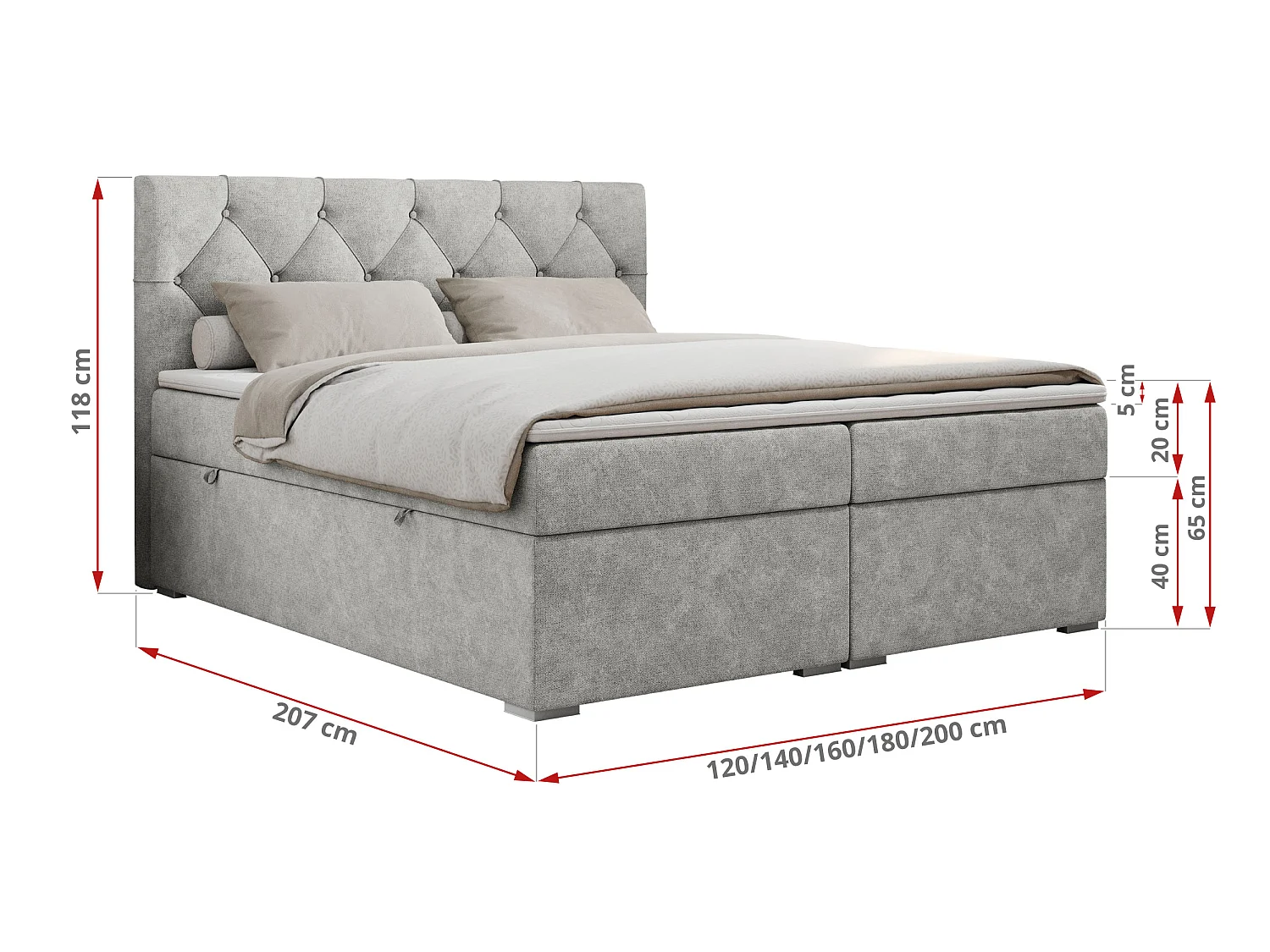 Lit boxspring avec 2 coffres - 2 matelas fermes + surmatelas mousse - Gris clair Tissu texturé - 160x200 - ROMA