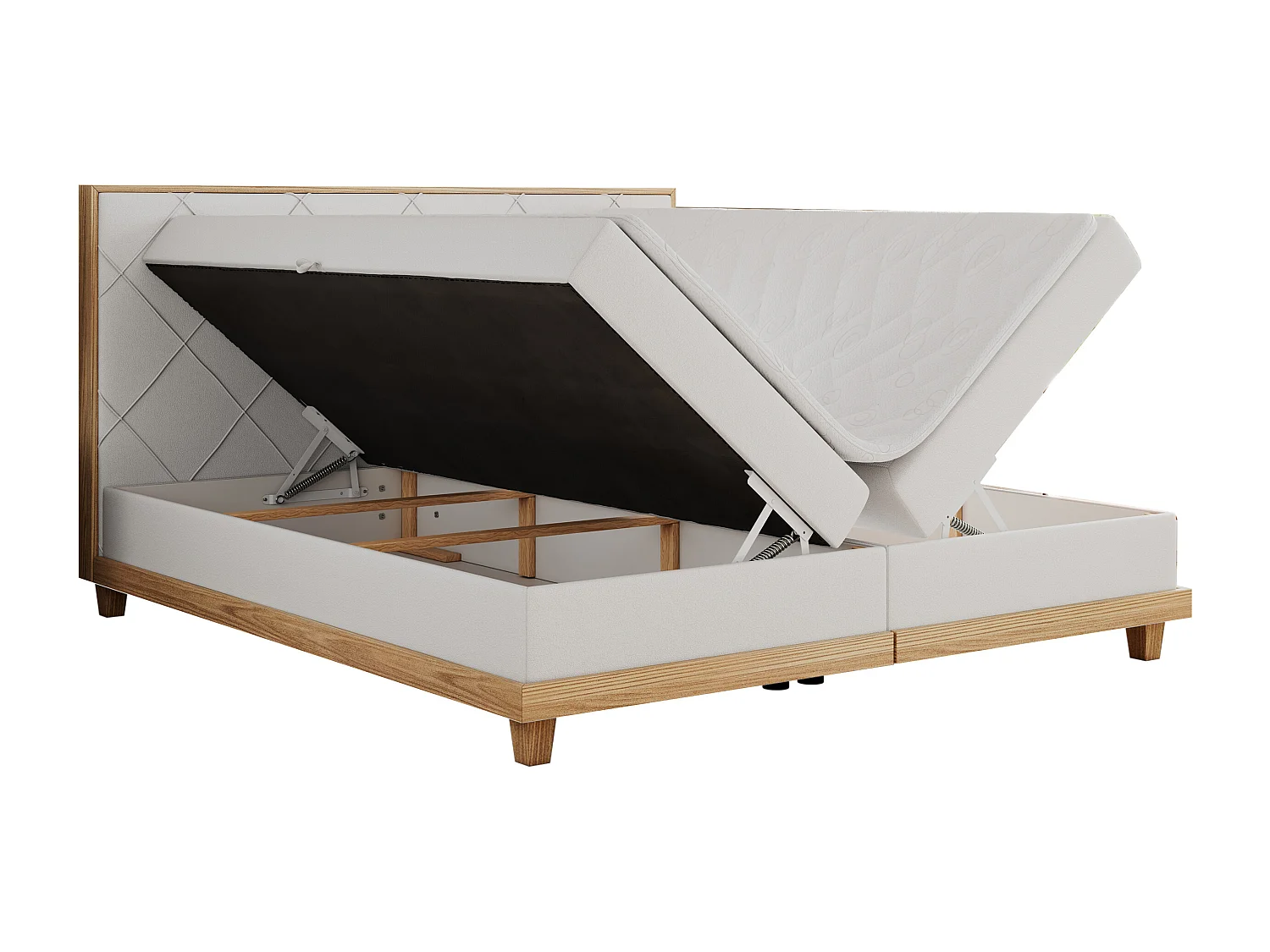 Boxspringbett CAICOS - mit gestepptem Kopfteil, Multipocket-Matratze und Topper, Holzelementen - 140x200 cm - H3 - Weiß Kunstleder