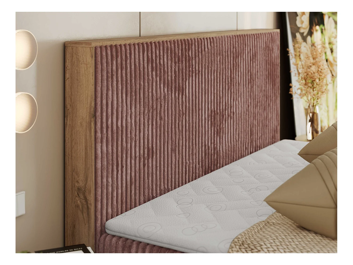 Boxspringbett WOOD CLASSIC - Doppelbett für Schlafzimmer, Set mit Multipocket-Matratze, Holzrahmen - 180x200 cm - H4 - Rosa Cord