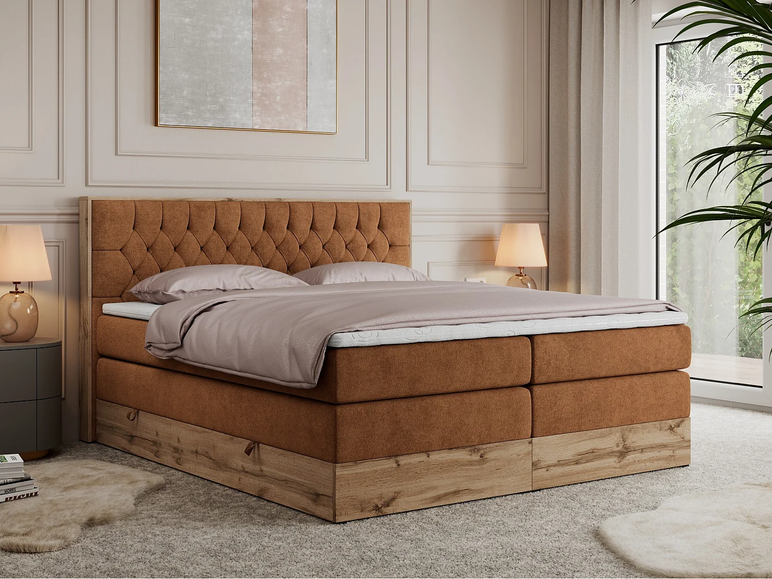Boxspringbett AMORE KING - gesteppte Kopfstütze, Polsterbett mit zwei Multipocket-Matratzen, Holzrahmen - 200x200 cm - H3 - Orange Strukture