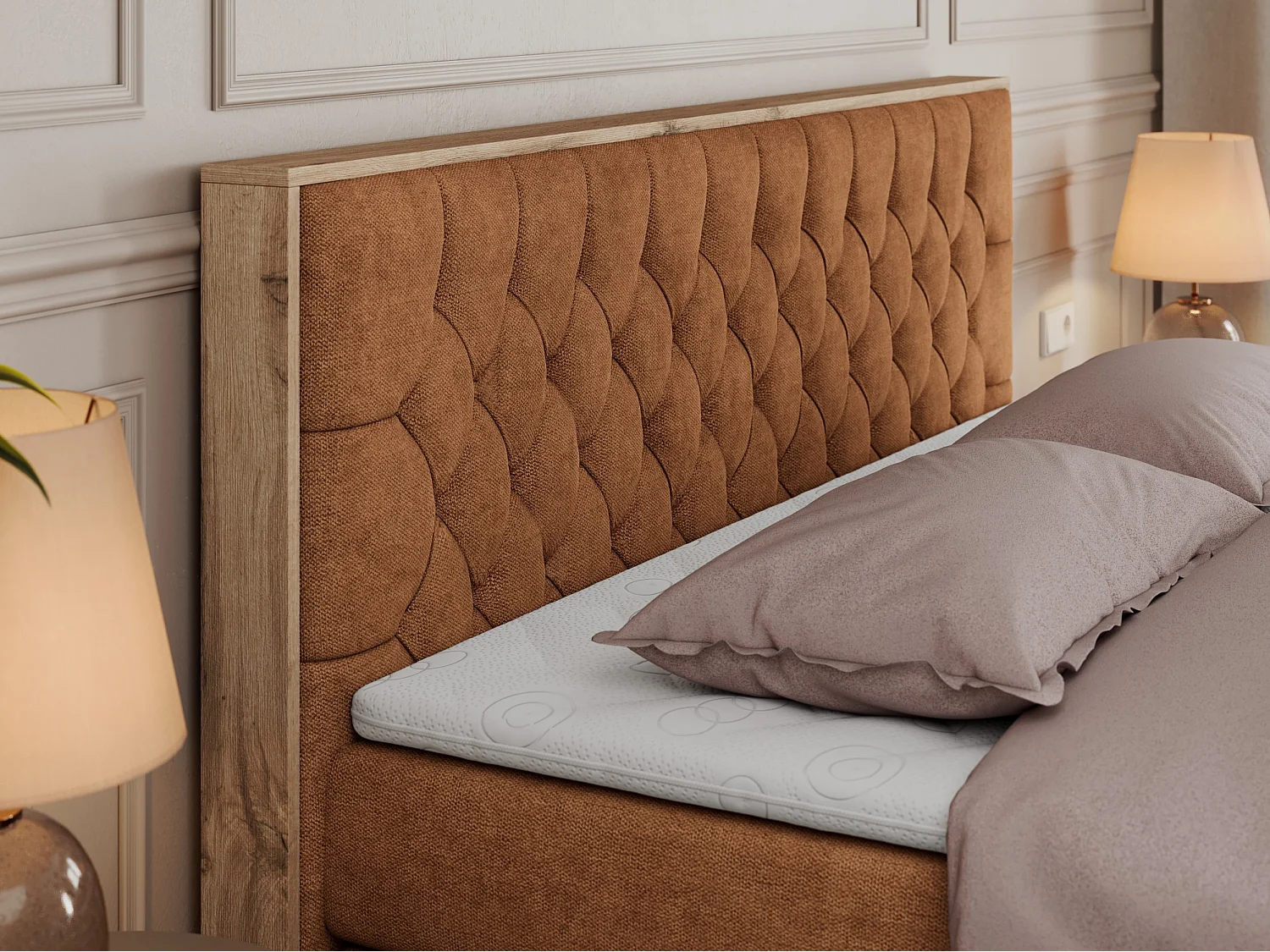 Boxspringbett AMORE KING - gesteppte Kopfstütze, Polsterbett mit zwei Multipocket-Matratzen, Holzrahmen - 200x200 cm - H3 - Orange Strukture