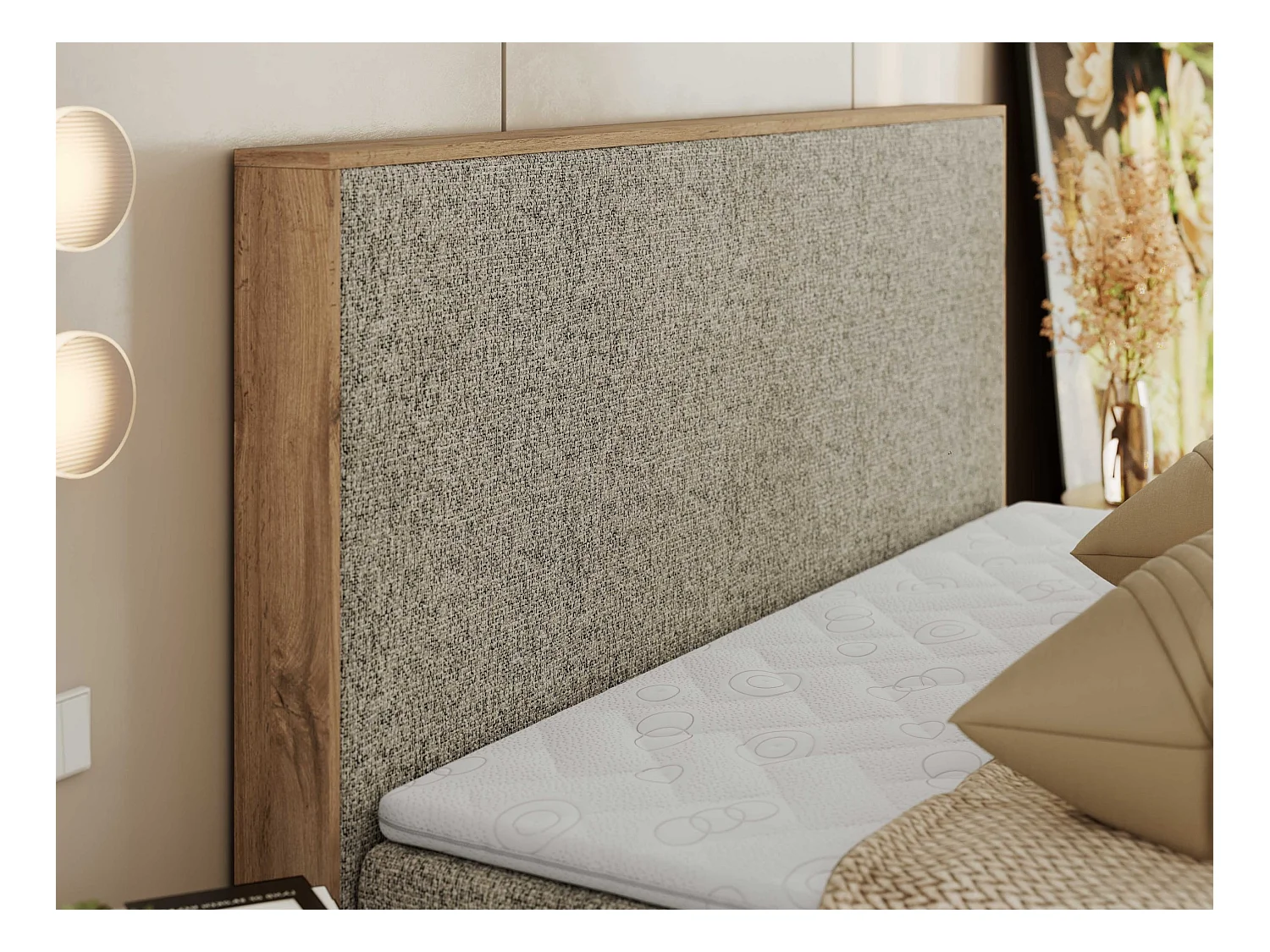 Boxspringbett WOOD CLASSIC - Doppelbett für Schlafzimmer, Set mit Multipocket-Matratze, Holzrahmen - 160x200 cm - H3 - Dunkelbeige Strukture