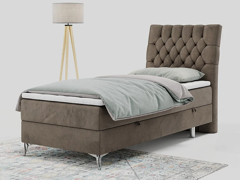 Boxspringbett MILEN - Polsterbett auf Metallbeine, Set mit Multipocket-Matratze, Gesteppte Kopfstütze - 90x200 cm - H4 - Braun Velvet - Rechts Seite