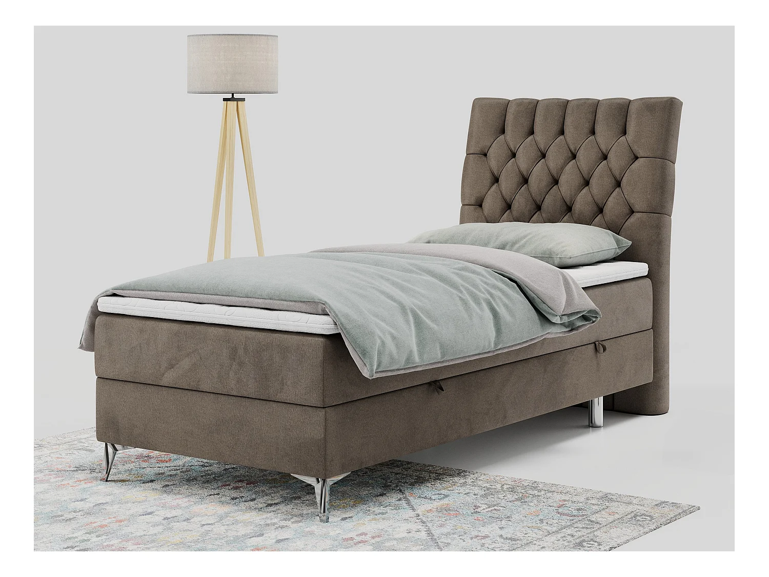 Boxspringbett MILEN - Polsterbett auf Metallbeine, Set mit Multipocket-Matratze, Gesteppte Kopfstütze - 90x200 cm - H4 - Braun Velvet - Rechts Seite