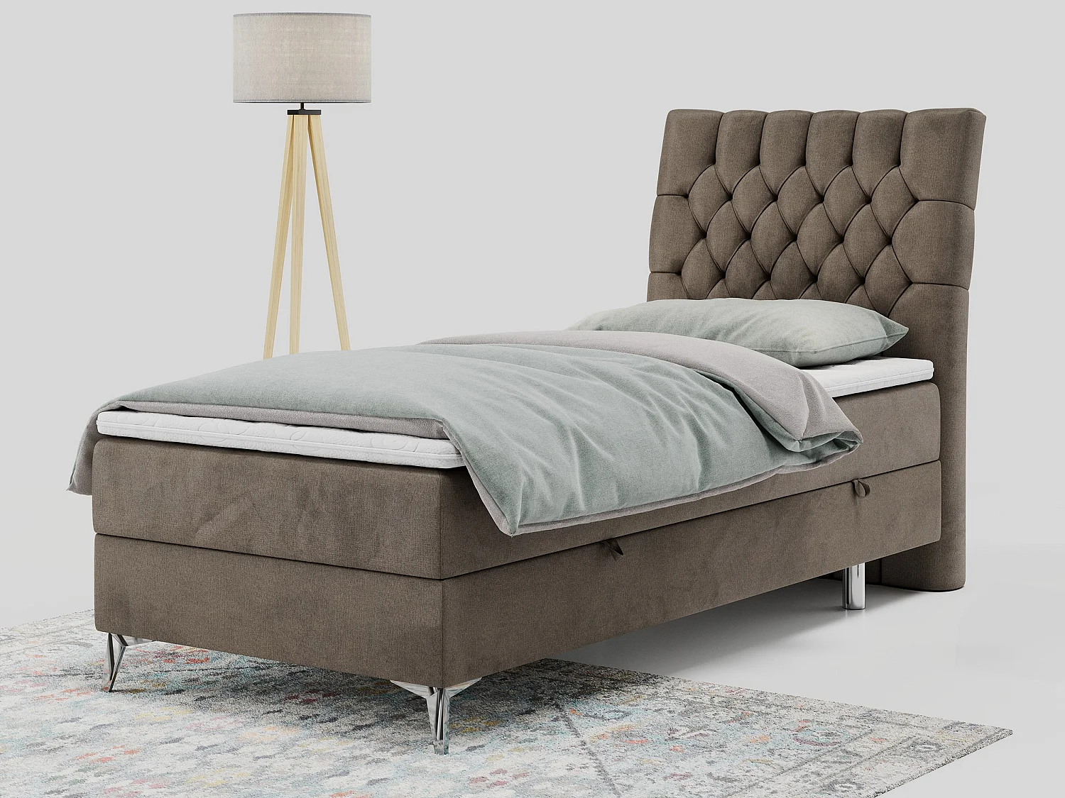 Boxspringbett MILEN - Polsterbett auf Metallbeine, Set mit Multipocket-Matratze, Gesteppte Kopfstütze - 90x200 cm - H4 - Braun Velvet - Rechts Seite