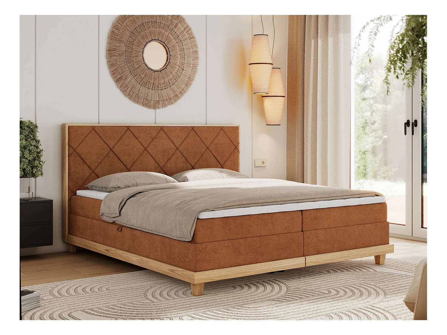 Boxspringbett CAICOS - mit gestepptem Kopfteil, Multipocket-Matratze und Topper, Holzelementen - 180x200 cm - H3 - Orange Strukture