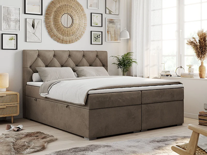 Boxspringbett ALDA - Doppelbett mit gestepptem Kopfteil, Multipocket-Matratze und Topper, zwei Bettkästen - 160x200 cm - H4 - Braun Velvet