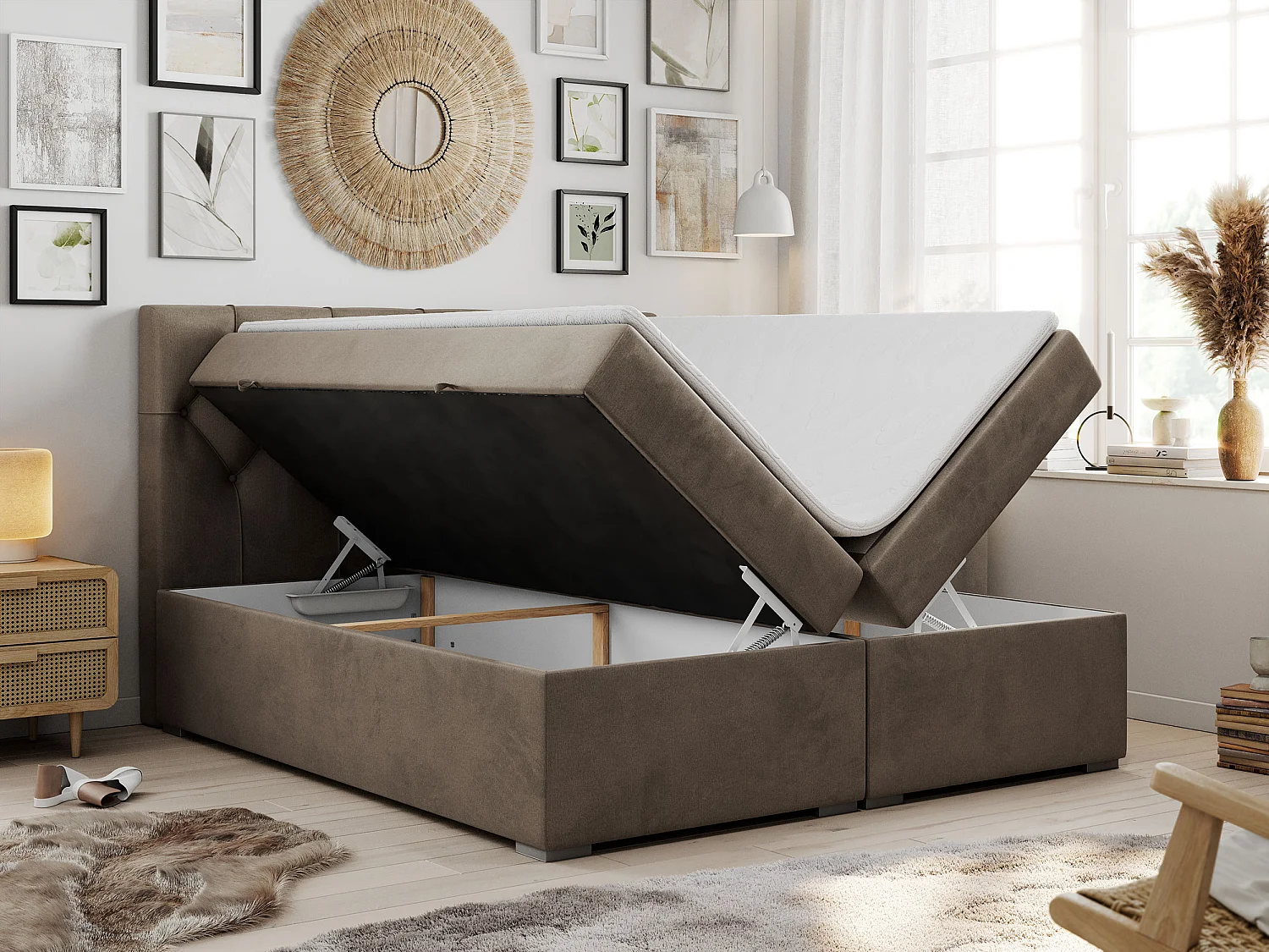 Boxspringbett ALDA - Doppelbett mit gestepptem Kopfteil, Multipocket-Matratze und Topper, zwei Bettkästen - 160x200 cm - H4 - Braun Velvet