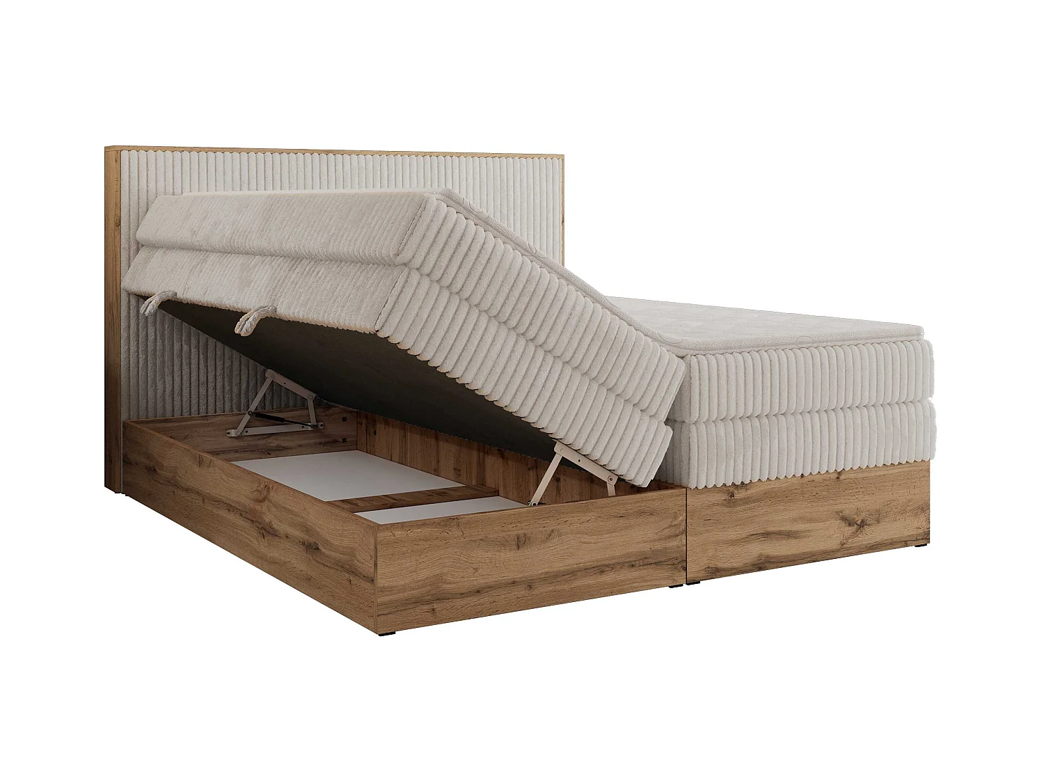 Boxspringbett WOOD CLASSIC KING - Polsterbett mit hohe Kopfteil, zwei Multipocket-Matratze, Bettkästen - 200x200 cm - H3 - Beige Cord