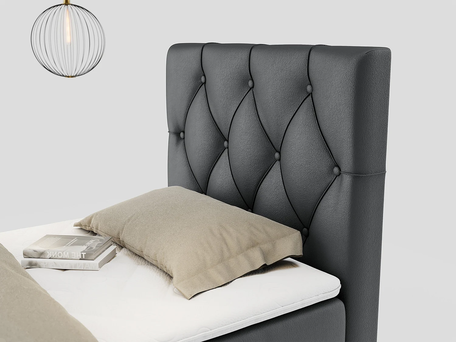 Boxspringbett ALDA - Einzelbett mit gestepptem Kopfteil, Multipocket-Matratze und Topper, Bettkasten - 90x200 cm - H3 - Dunkelgrau Kunstleder - Rechts Seite