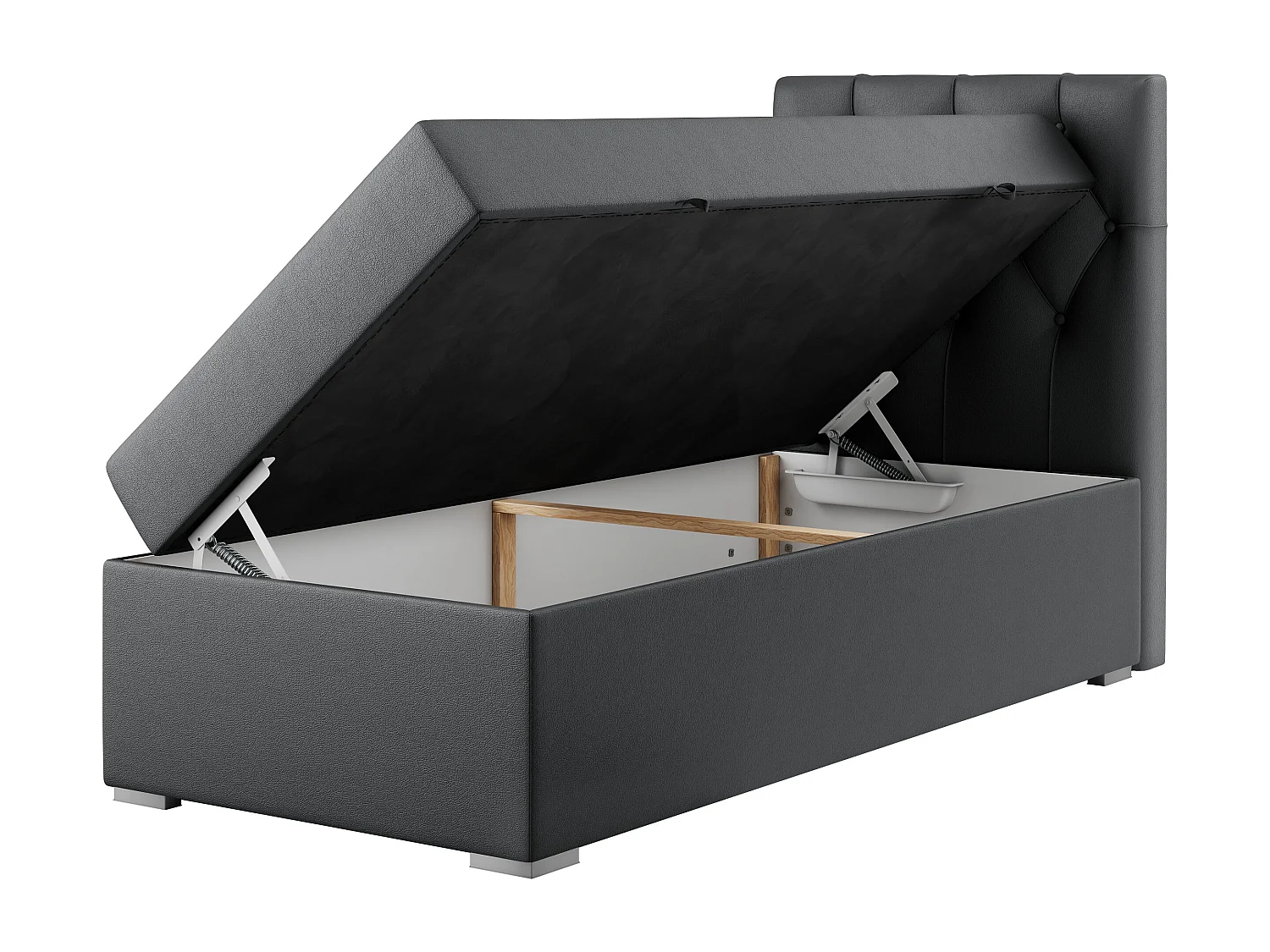 Boxspringbett ALDA - Einzelbett mit gestepptem Kopfteil, Multipocket-Matratze und Topper, Bettkasten - 90x200 cm - H3 - Dunkelgrau Kunstleder - Rechts Seite