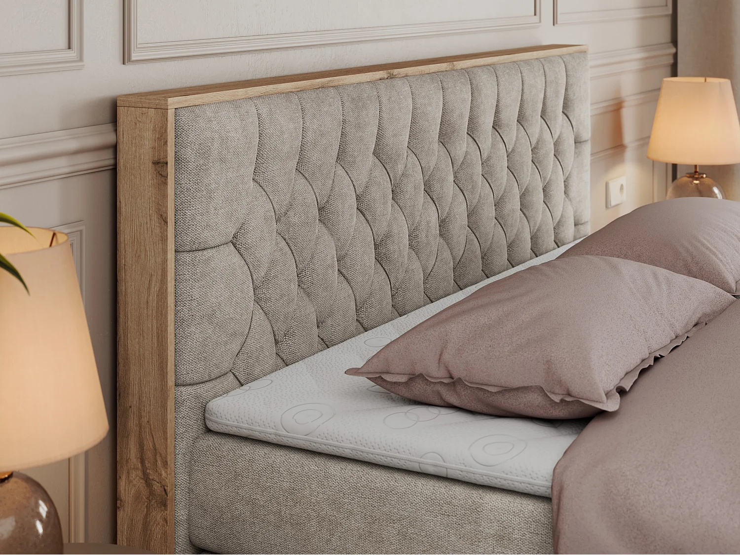 Boxspringbett AMORE KING - gesteppte Kopfstütze, Polsterbett mit zwei Multipocket-Matratzen, Holzrahmen - 140x200 cm - H3 - Beige Strukture