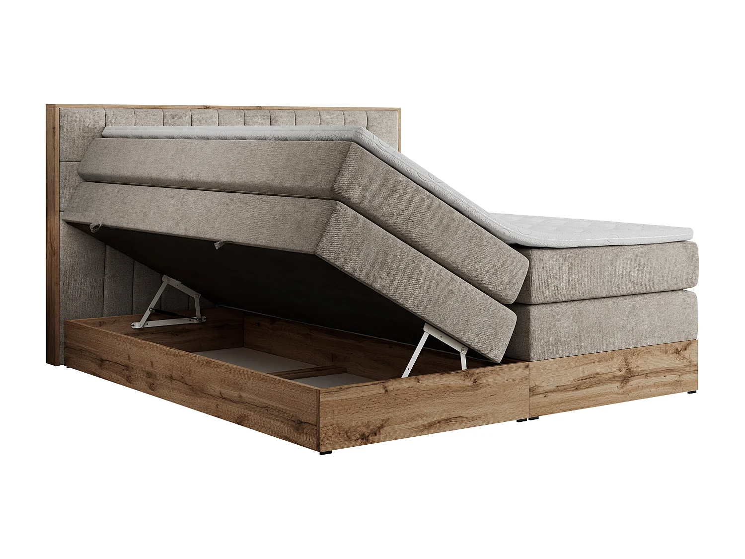 Boxspringbett AMORE KING - gesteppte Kopfstütze, Polsterbett mit zwei Multipocket-Matratzen, Holzrahmen - 140x200 cm - H3 - Beige Strukture