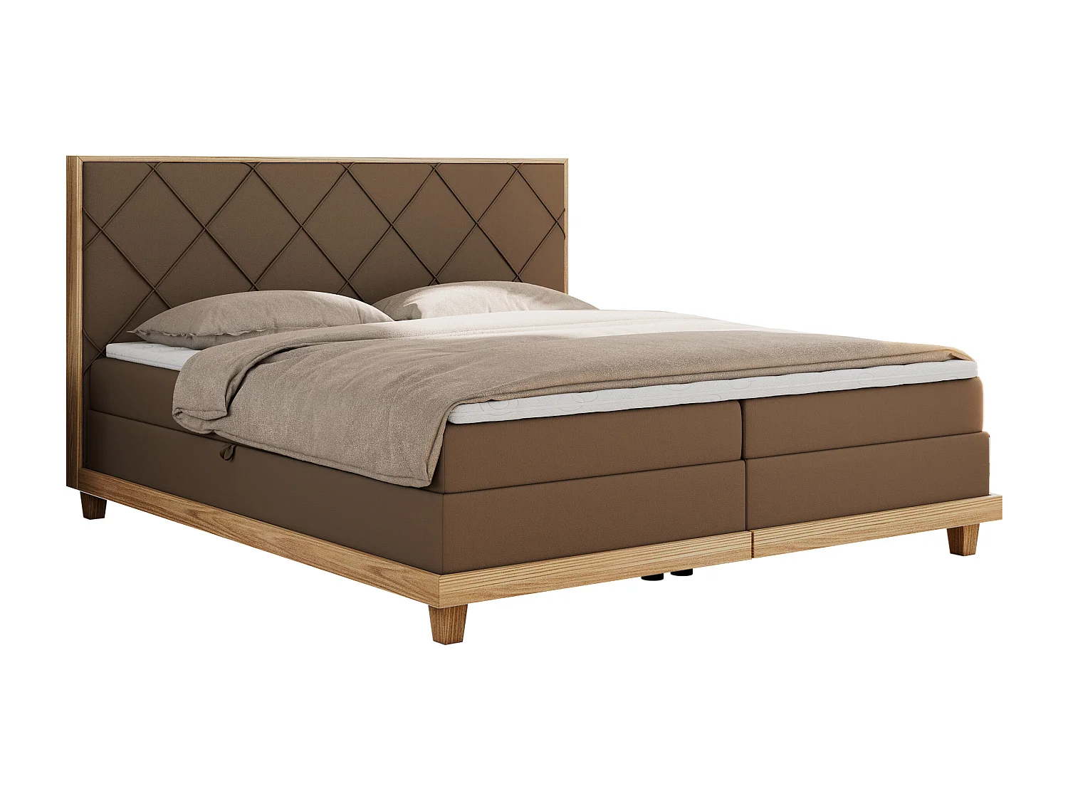 Boxspringbett CAICOS - mit gestepptem Kopfteil, Multipocket-Matratze und Topper, Holzelementen - 180x200 cm - H3 - Braun Kunstleder