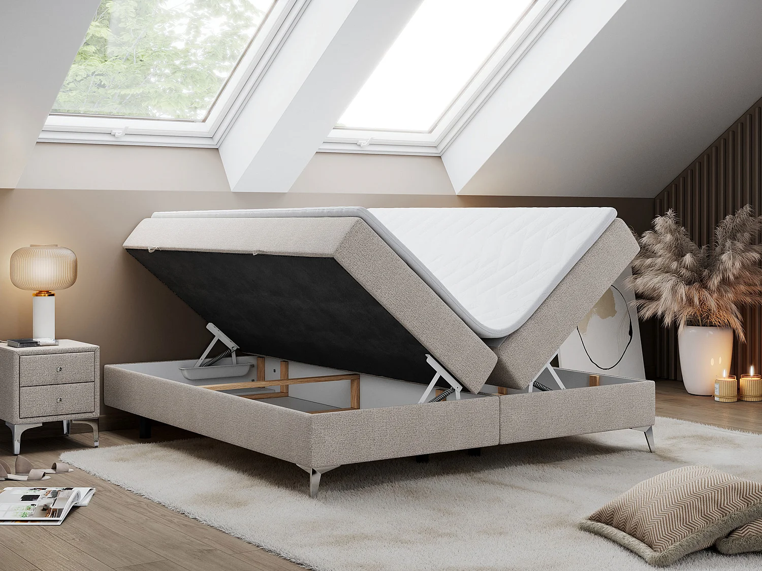 Boxspringbett LESS - Doppelbett mit zwei Bettkästen, 7 Härtezonen Multipocket-Matratzen, hohe Metallbeine - 180x200 cm - H4 - Beige Strukture