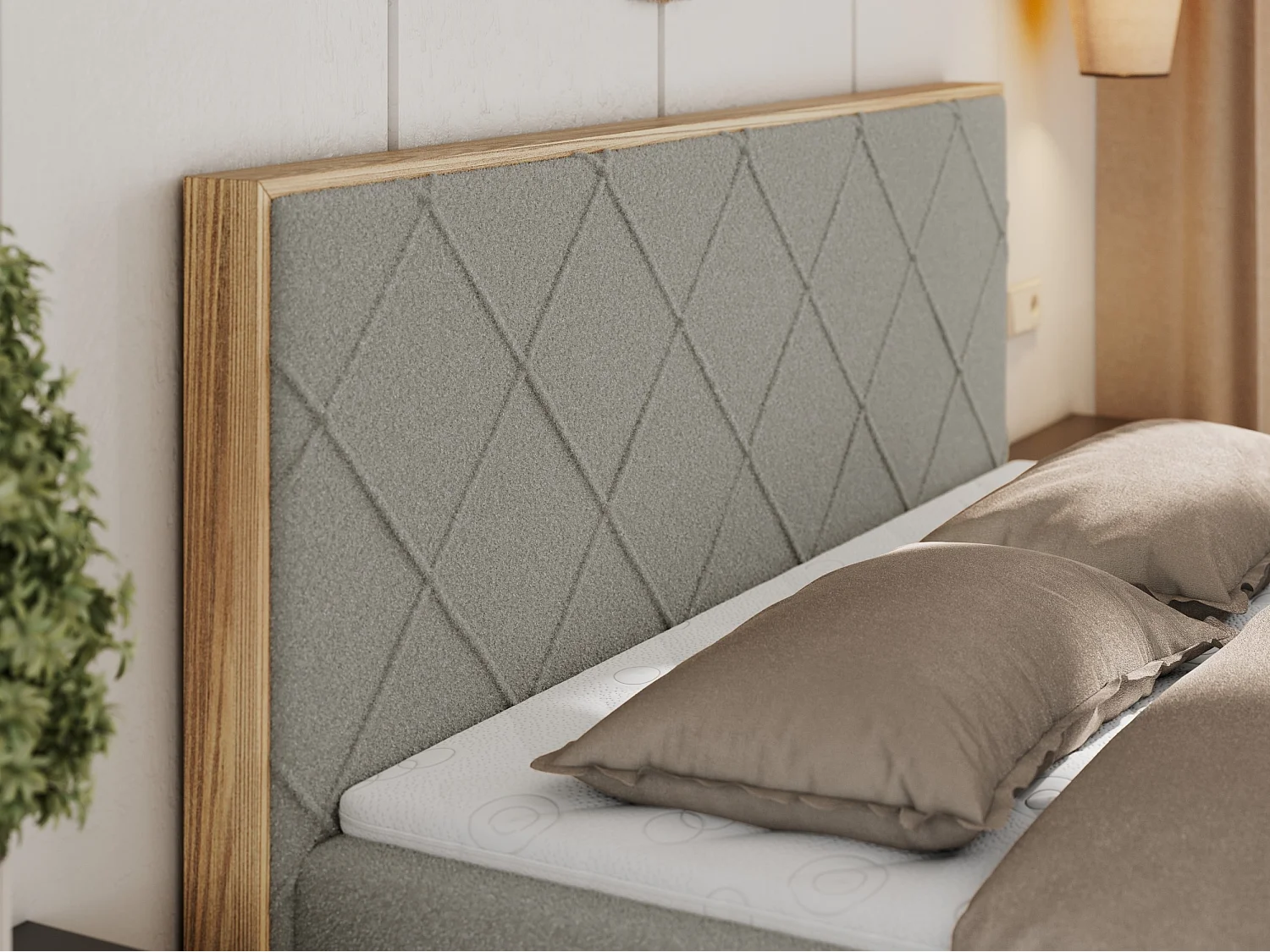 Boxspringbett CAICOS - mit gestepptem Kopfteil, Multipocket-Matratze und Topper, Holzelementen - 180x200 cm - H3 - Hellgrau Boucle