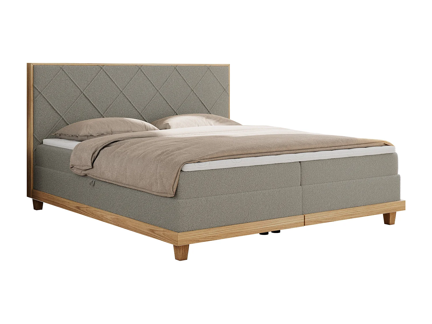 Boxspringbett CAICOS - mit gestepptem Kopfteil, Multipocket-Matratze und Topper, Holzelementen - 180x200 cm - H3 - Hellgrau Boucle