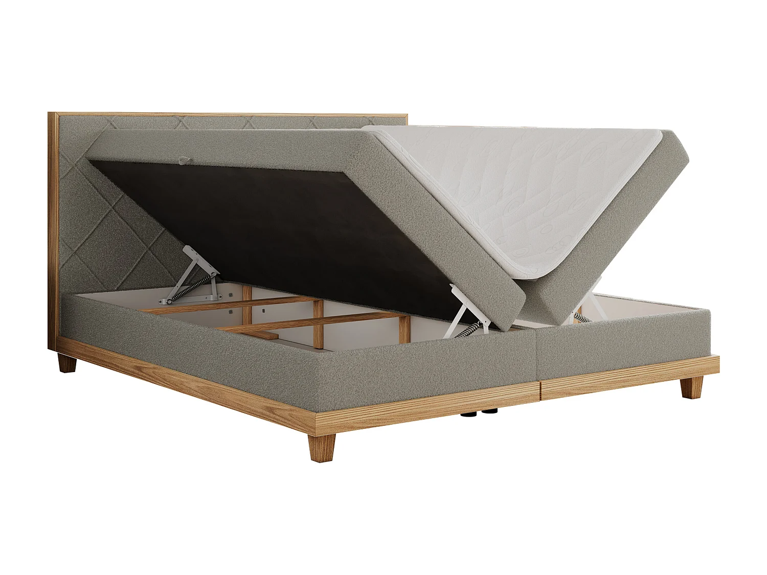 Boxspringbett CAICOS - mit gestepptem Kopfteil, Multipocket-Matratze und Topper, Holzelementen - 180x200 cm - H3 - Hellgrau Boucle