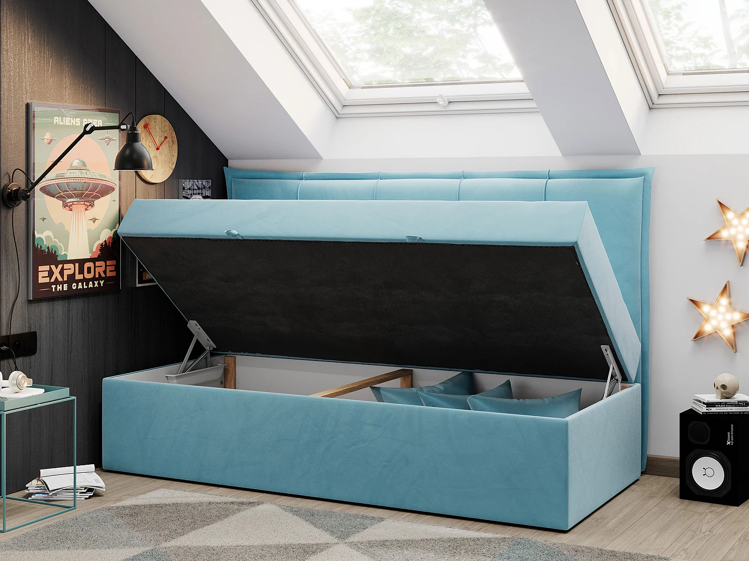 Kinderbett BANCO - Einzelbett für Jugendliche, Set mit Kopfteil und Matratze, Boxspringbett, Bettkasten - 90x200 cm - Blau Velvet