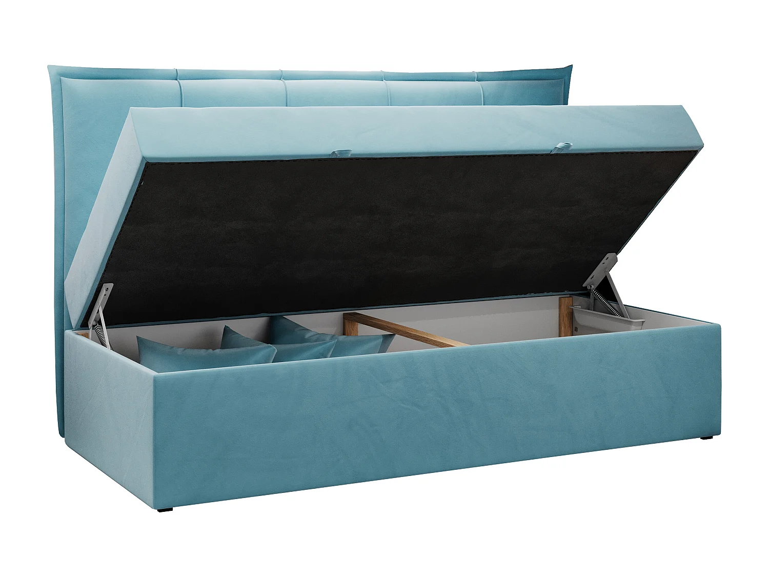 Kinderbett BANCO - Einzelbett für Jugendliche, Set mit Kopfteil und Matratze, Boxspringbett, Bettkasten - 90x200 cm - Blau Velvet