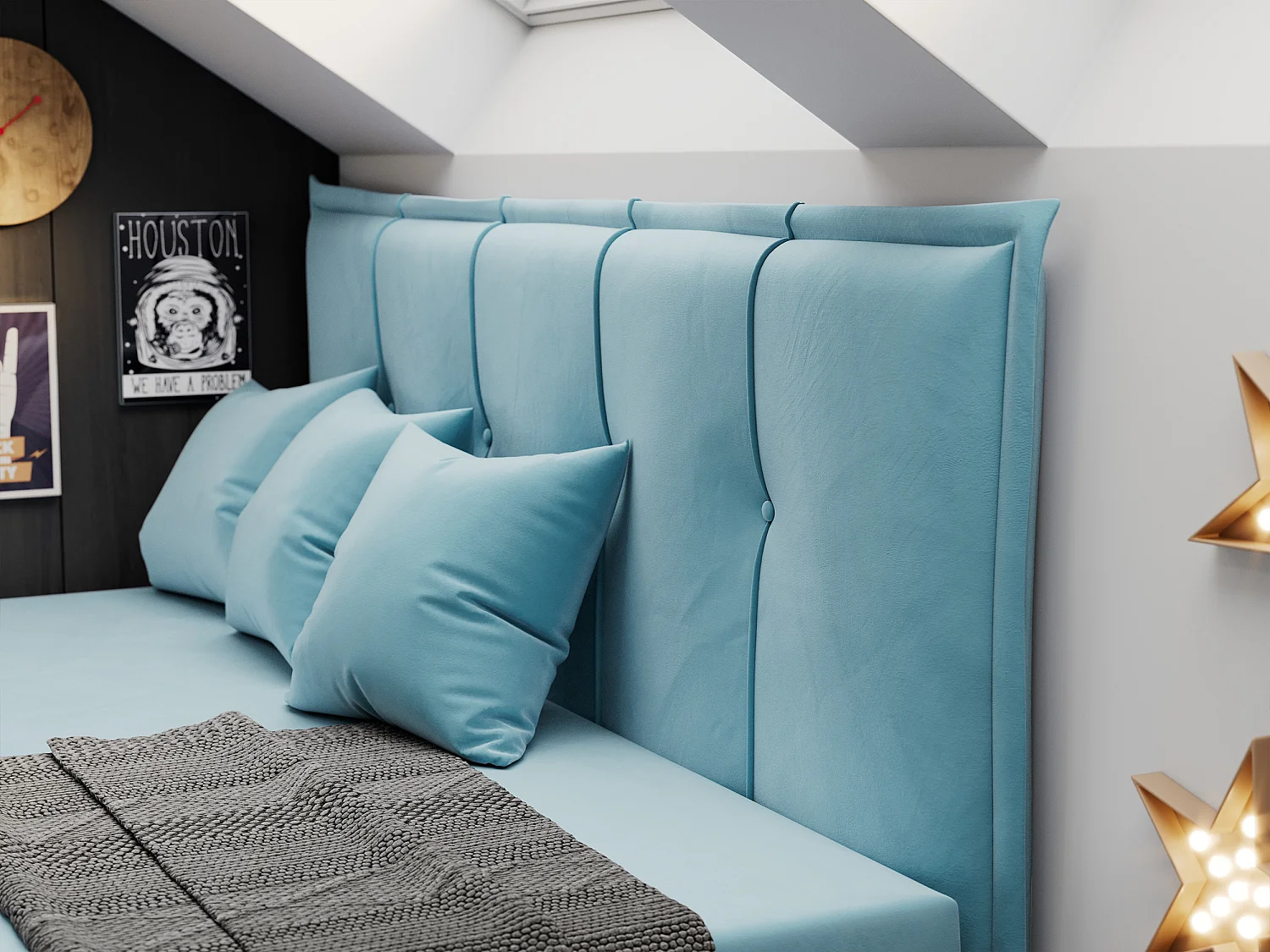 Kinderbett BANCO - Einzelbett für Jugendliche, Set mit Kopfteil und Matratze, Boxspringbett, Bettkasten - 90x200 cm - Blau Velvet