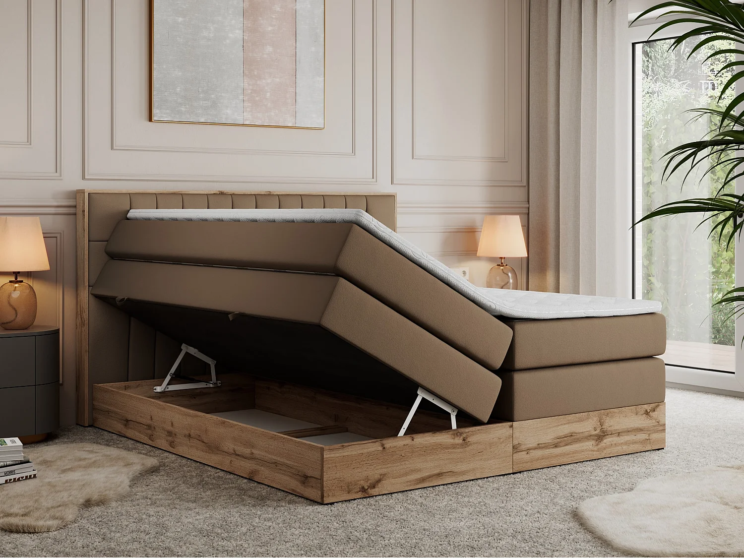 Boxspringbett AMORE KING - gesteppte Kopfstütze, Polsterbett mit zwei Multipocket-Matratzen, Holzrahmen - 160x200 cm - H4 - Braun Kunstleder