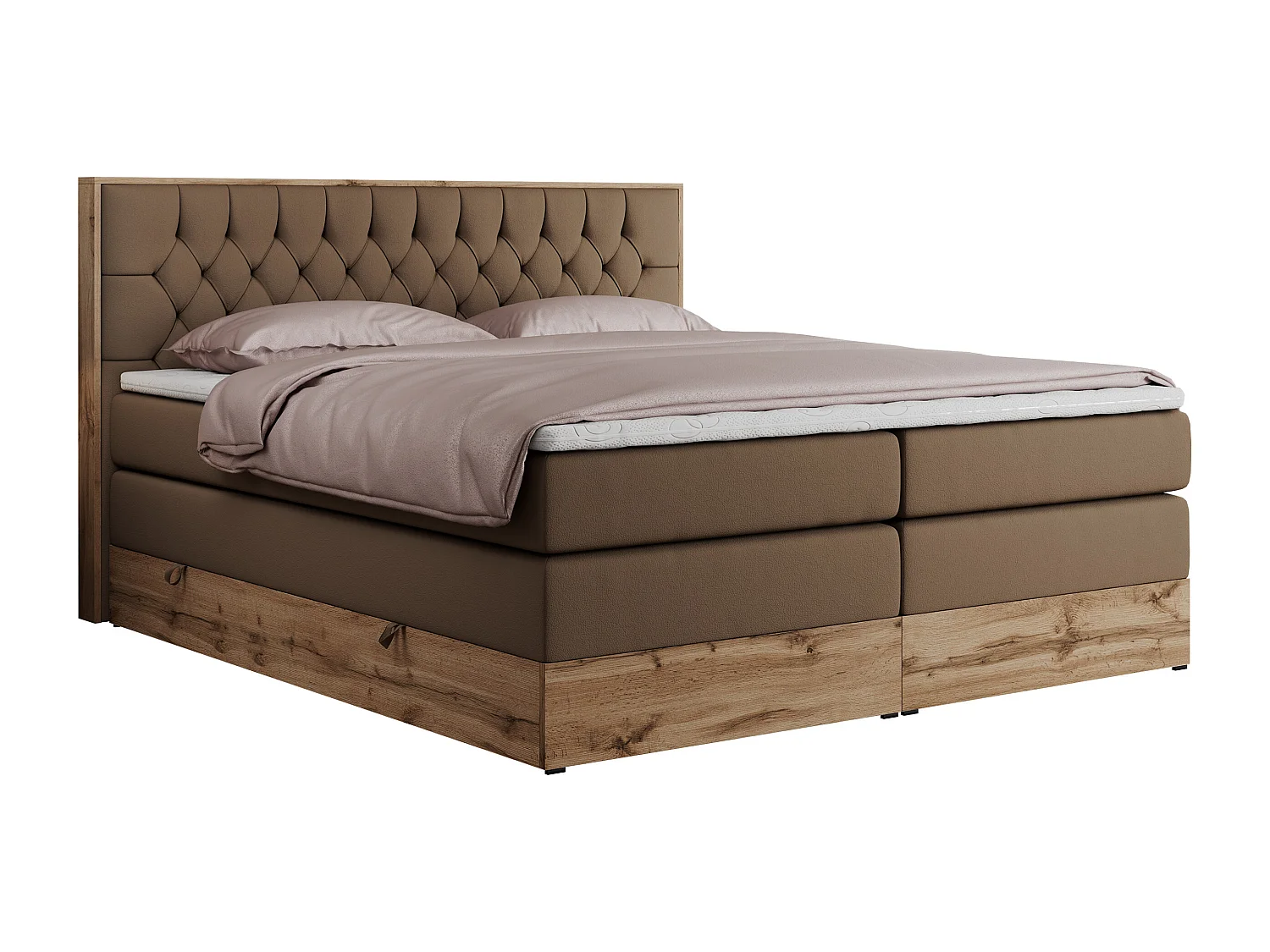 Boxspringbett AMORE KING - gesteppte Kopfstütze, Polsterbett mit zwei Multipocket-Matratzen, Holzrahmen - 160x200 cm - H4 - Braun Kunstleder
