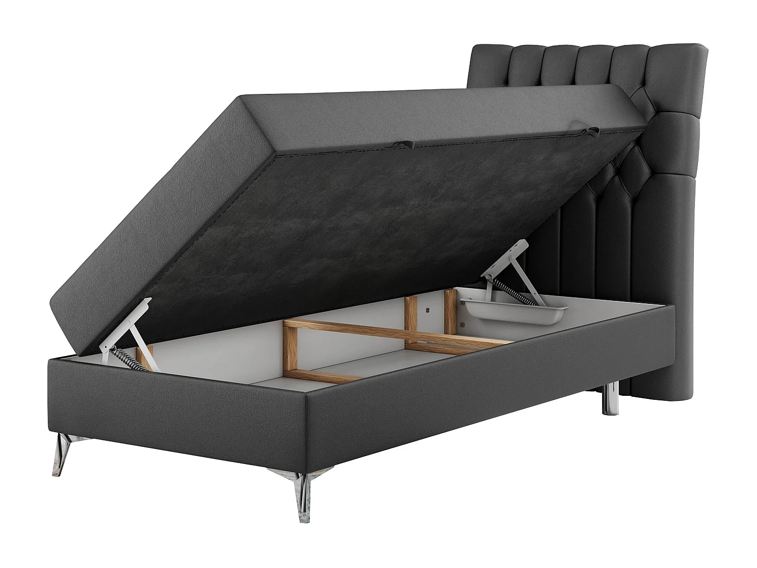 Boxspringbett MILEN - Polsterbett auf Metallbeine, Set mit Multipocket-Matratze, Gesteppte Kopfstütze - 90x200 cm - H4 - Dunkelgrau Kunstleder - Rechts Seite