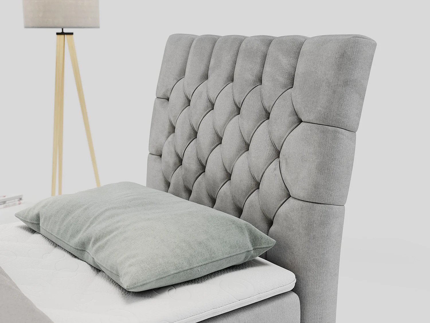 Boxspringbett MILEN - Polsterbett auf Metallbeine, Set mit Multipocket-Matratze, Gesteppte Kopfstütze - 90x200 cm - H4 - Hellgrau Velvet - Rechts Seite