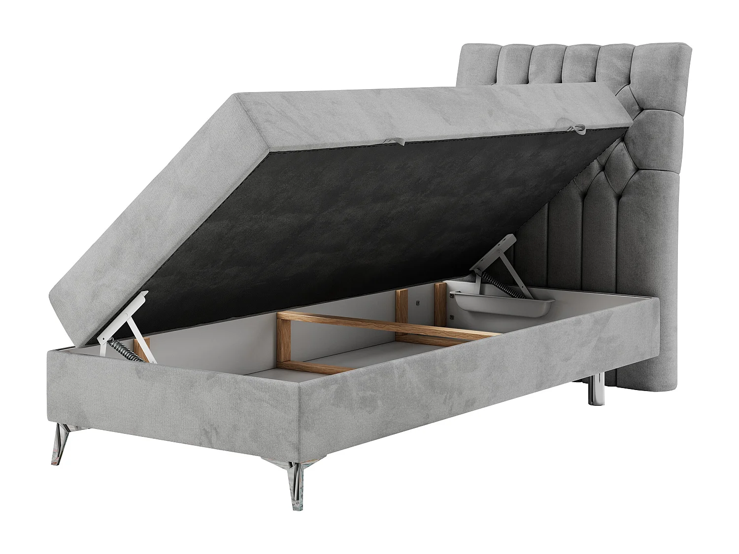 Boxspringbett MILEN - Polsterbett auf Metallbeine, Set mit Multipocket-Matratze, Gesteppte Kopfstütze - 90x200 cm - H4 - Hellgrau Velvet - Rechts Seite