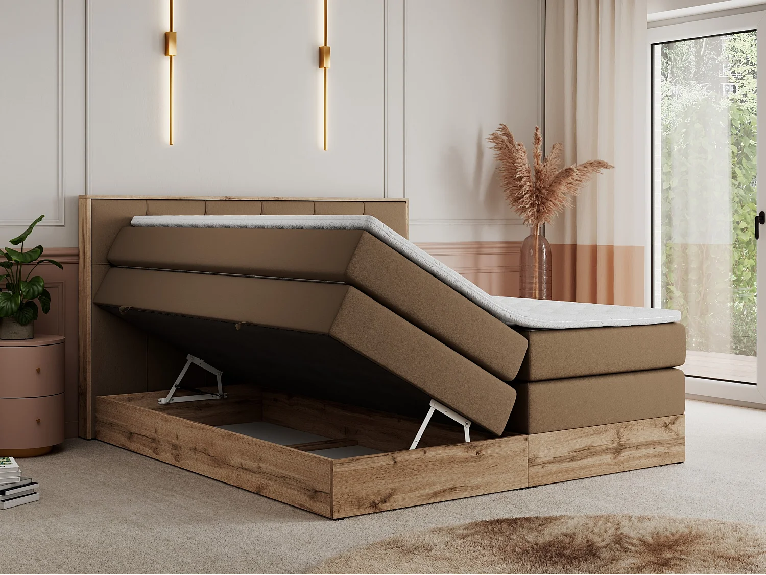 Boxspringbett VENETO KING - Polsterbett mit Multipocket-Matratzen und Kopfteil, Holzrahmen, zwei Bettkästen - 200x200 cm - H3 - Braun Kunstleder