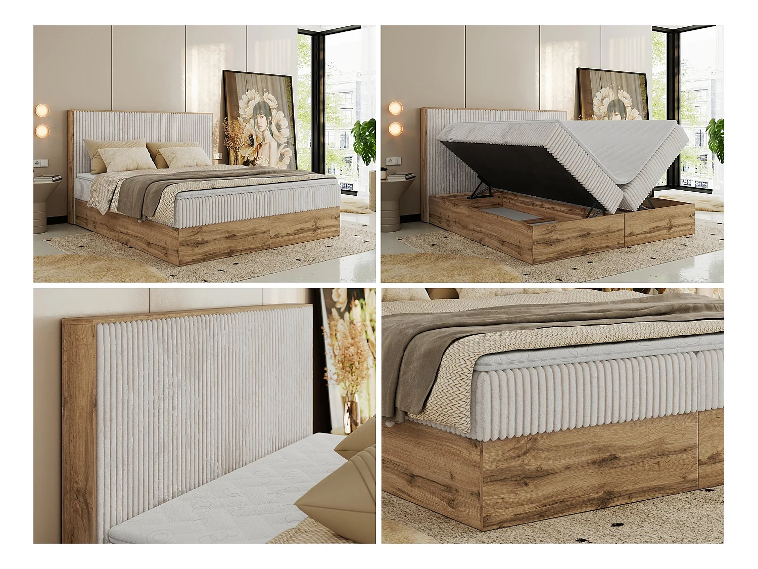 Boxspringbett WOOD CLASSIC - Doppelbett für Schlafzimmer, Set mit Multipocket-Matratze, Holzrahmen - 160x200 cm - H4 - Beige Cord
