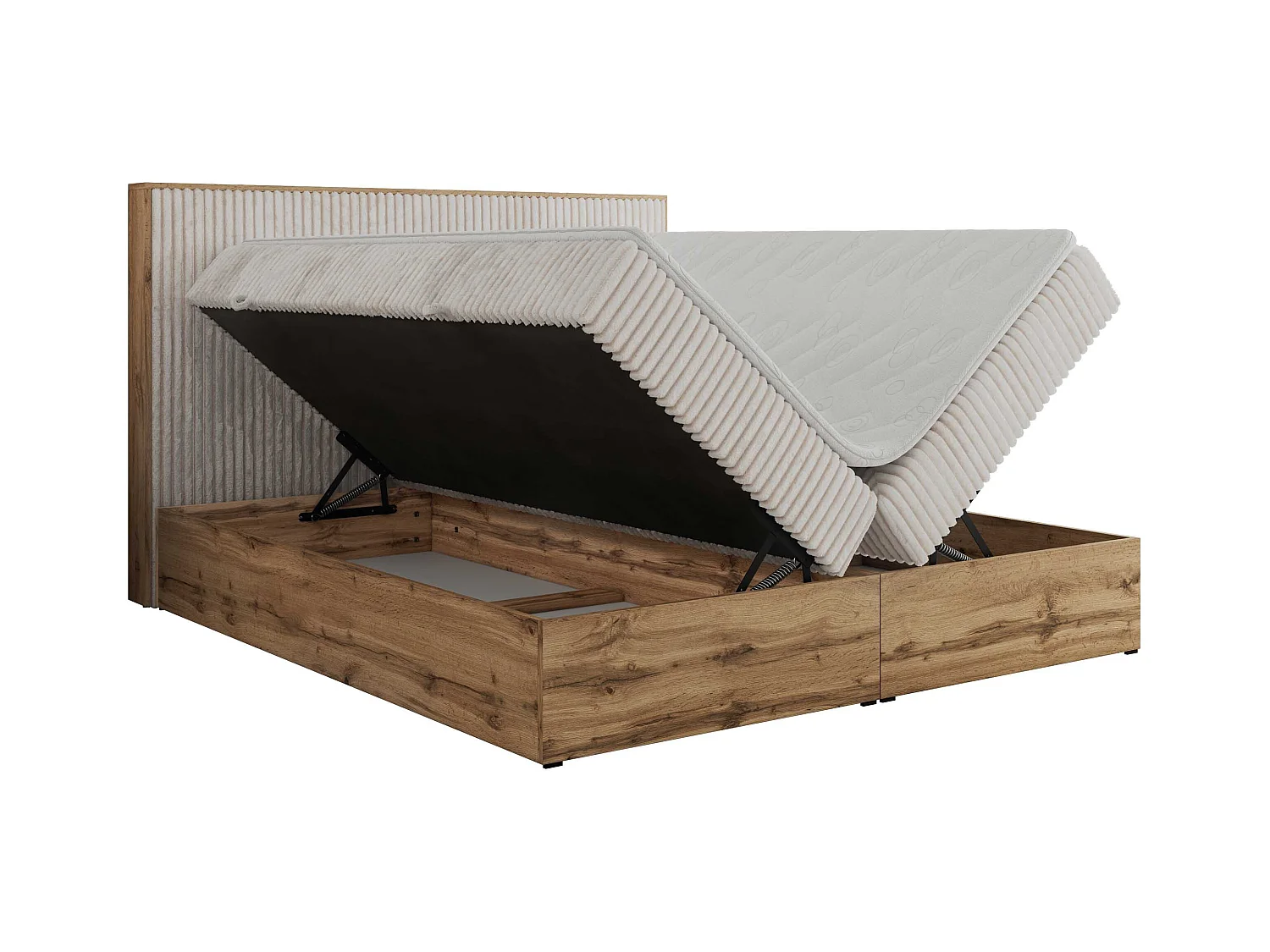 Boxspringbett WOOD CLASSIC - Doppelbett für Schlafzimmer, Set mit Multipocket-Matratze, Holzrahmen - 160x200 cm - H4 - Beige Cord