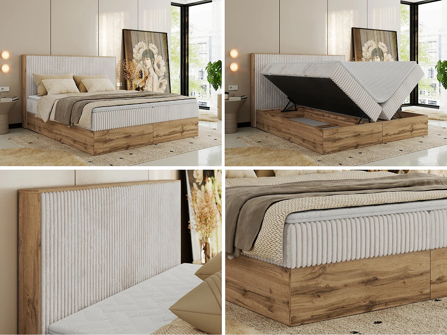 Boxspringbed met hoofdbord H4 + Topper T25 - Beige Ribstof - 160x200 - WOOD CLASSIC