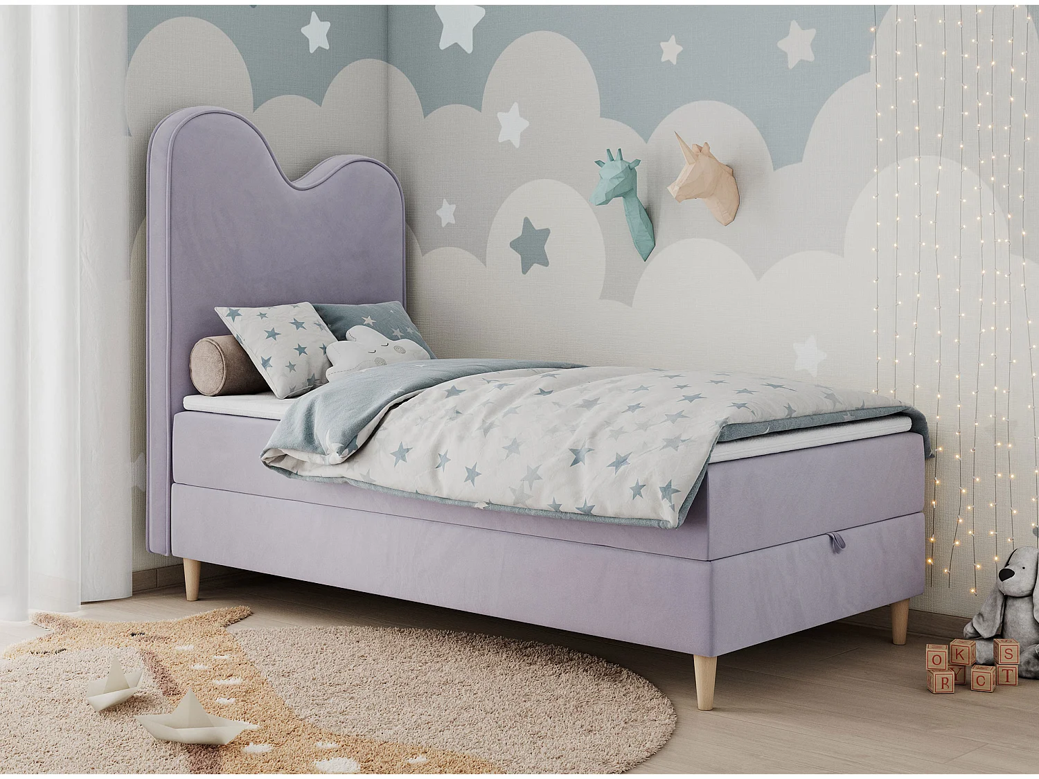 Kinderbett FLOW - Boxspringbett mit Stauraum, Einzelbett für Jugendliche, Bettkasten und hohe Kopfteil - 90x180 cm - Violett Velvet