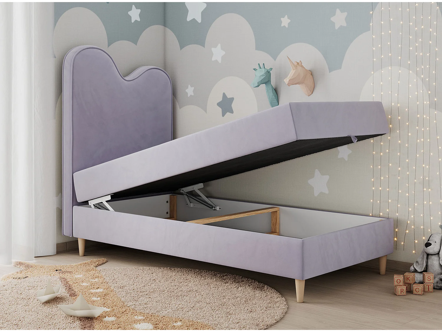 Kinderbett FLOW - Boxspringbett mit Stauraum, Einzelbett für Jugendliche, Bettkasten und hohe Kopfteil - 90x180 cm - Violett Velvet