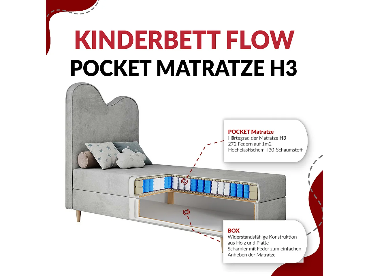 Kinderbett FLOW - Boxspringbett mit Stauraum, Einzelbett für Jugendliche, Bettkasten und hohe Kopfteil - 90x180 cm - Violett Velvet