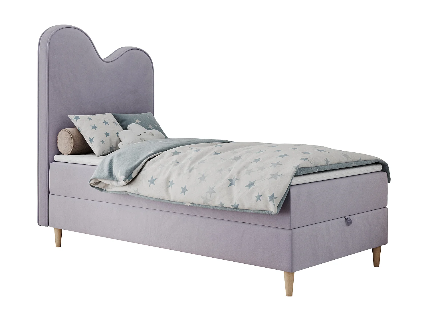 Kinderbett FLOW - Boxspringbett mit Stauraum, Einzelbett für Jugendliche, Bettkasten und hohe Kopfteil - 90x180 cm - Violett Velvet