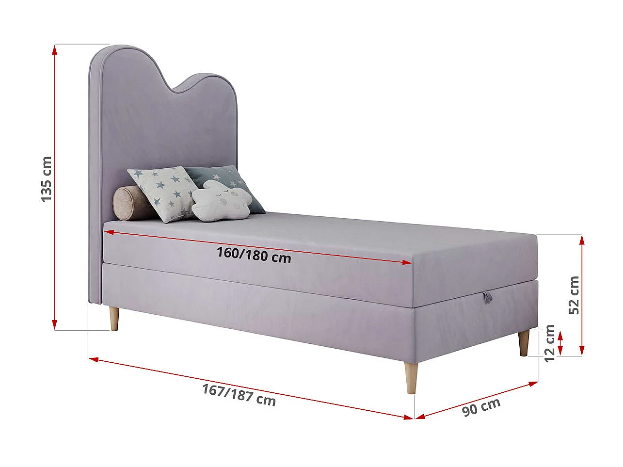 Kinderbett FLOW - Boxspringbett mit Stauraum, Einzelbett für Jugendliche, Bettkasten und hohe Kopfteil - 90x180 cm - Violett Velvet